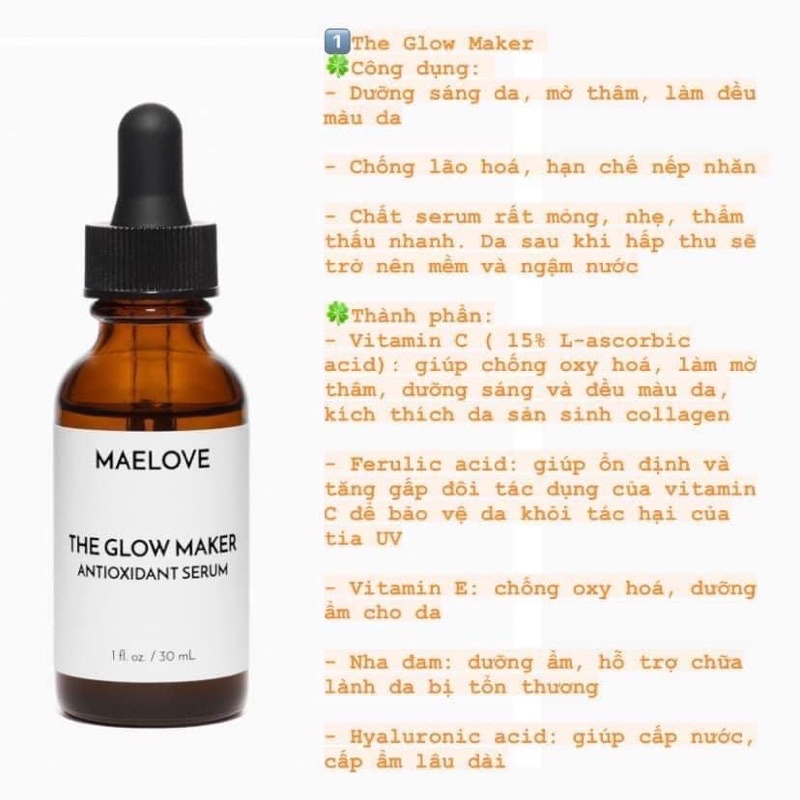 (BILL US) - Serum dưỡng da MAELOVE GLOW MAKER ANTIOXIDANT SERUM (vitamin C E & Ferulic Acid) 30ml fu