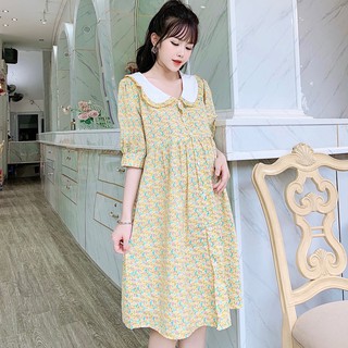 Váy bầu hoa nhí có cổ sen trắng mặc đi làm đi chơi lịch sự kín đáo - V53