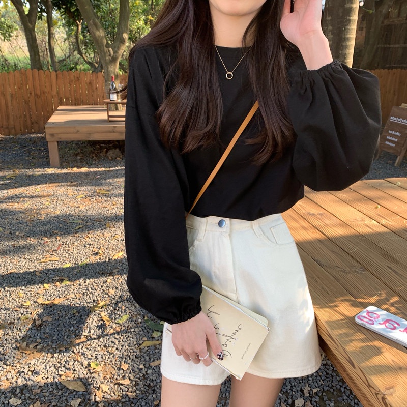 SUXI Áo Thun Tay Dài Cổ Tròn Màu Sắc Đơn Giản Thời Trang Mùa Thu Cho Nữ