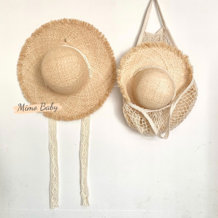 Mũ cói vành rộng đi biển thắt dây ren xinh xắn cho bé MH107 Mimo Baby
