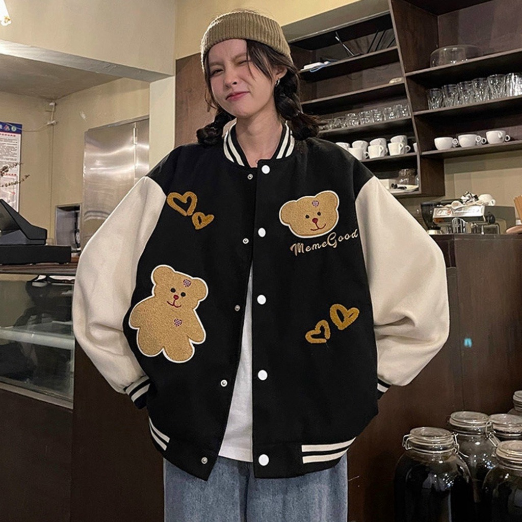 Bomber Khoác Nam Nữ Hoodie Nỉ Con Gấu Nâu Unisex Dáng Rộng Tay Bồng Mũ To