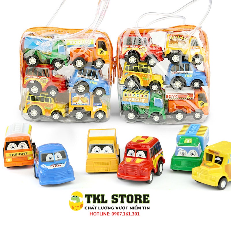 Xe đồ chơi cho bé, bộ 6 xe mini chạy cót nhiều màu sắc cho bé - TKL STORE