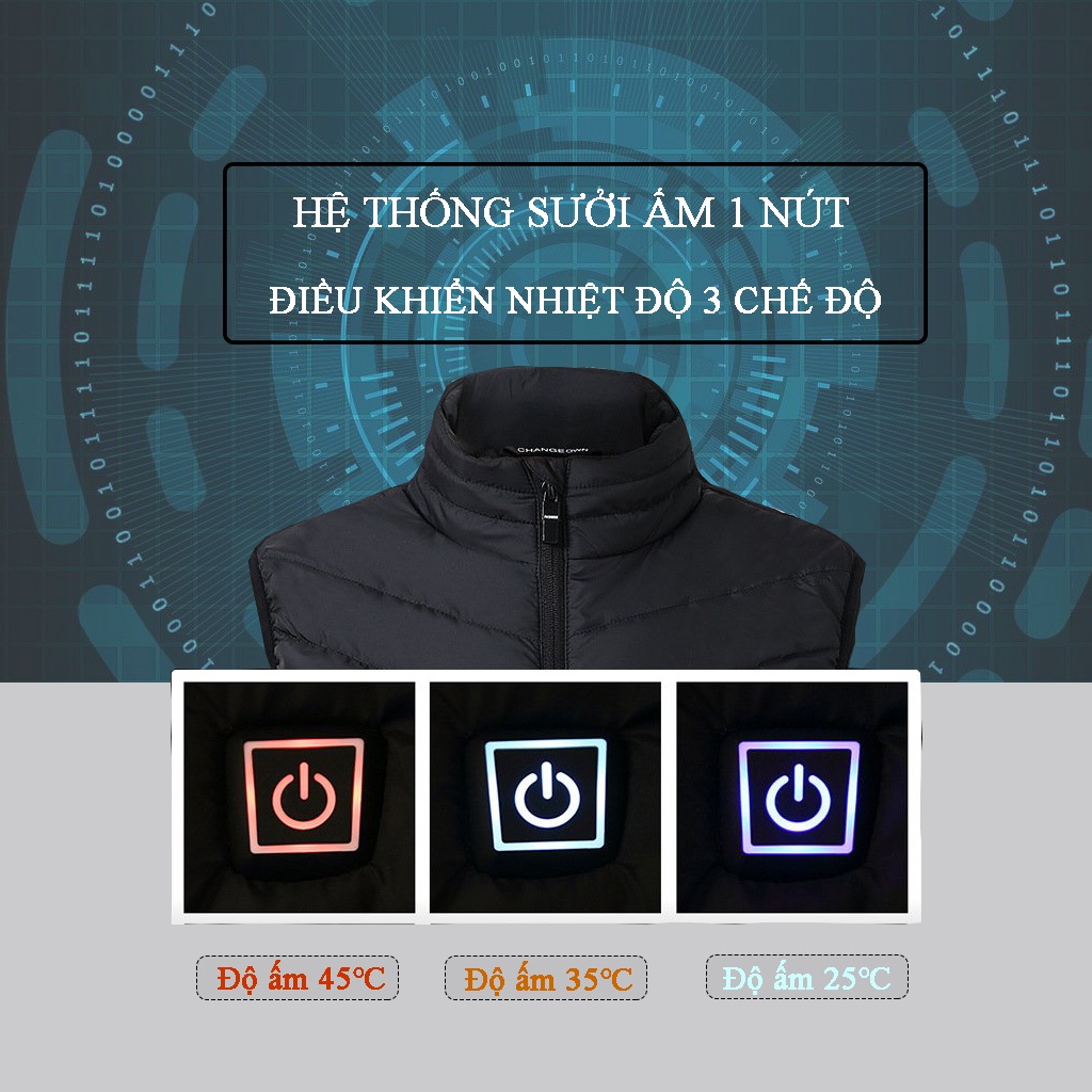 Áo Sưởi Điện Ấm Áp Mùa Đông Sử Dụng Pin Dự Phòng Lên Đến 8 Giờ Điều Chỉnh Nhiệt Độ Từ 25-45 Độ