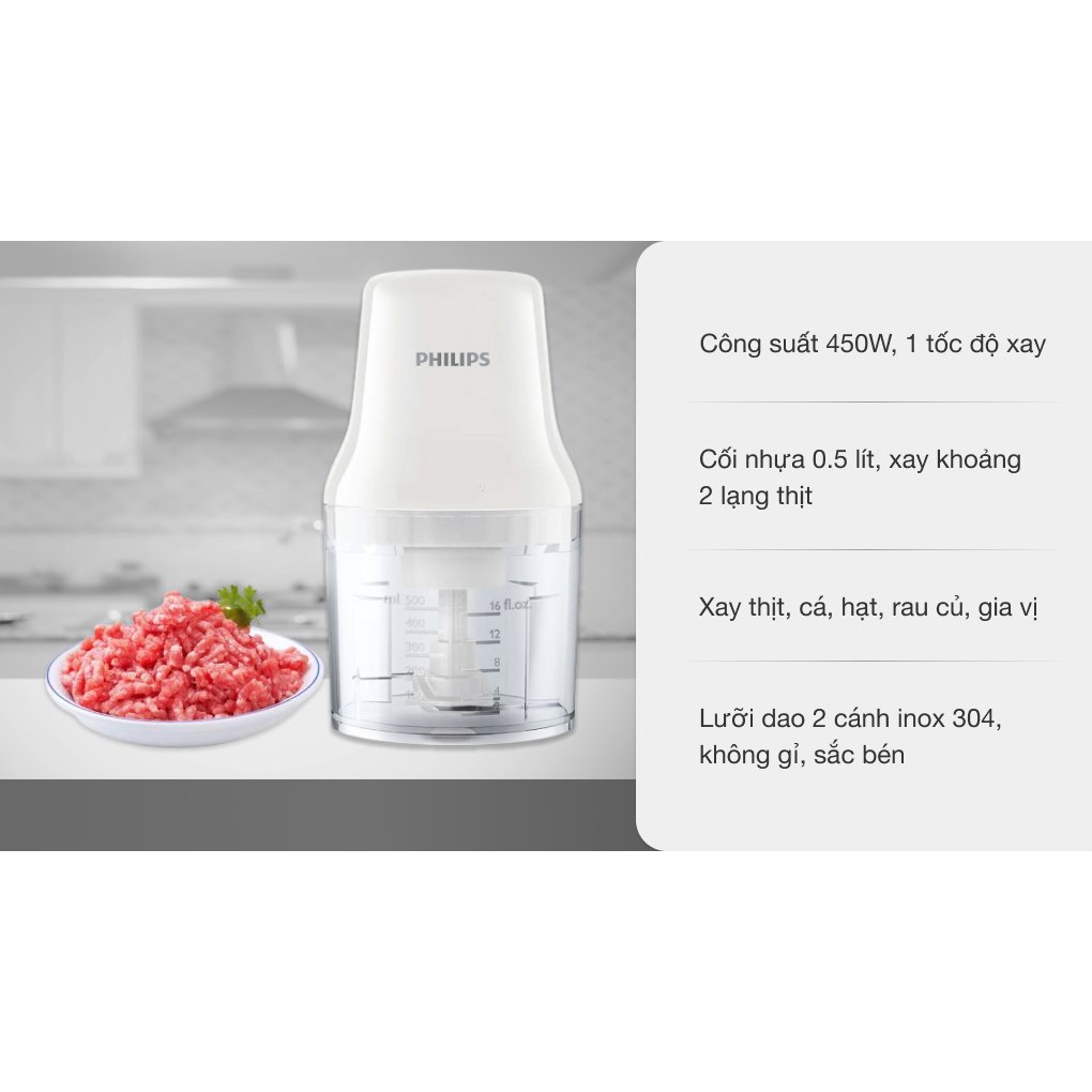 Máy xay thịt chuyên dụng Philips công suất 450W, thiết kế gọn nhẹ, bảo hành 2 năm chính hãng - HR1393/00