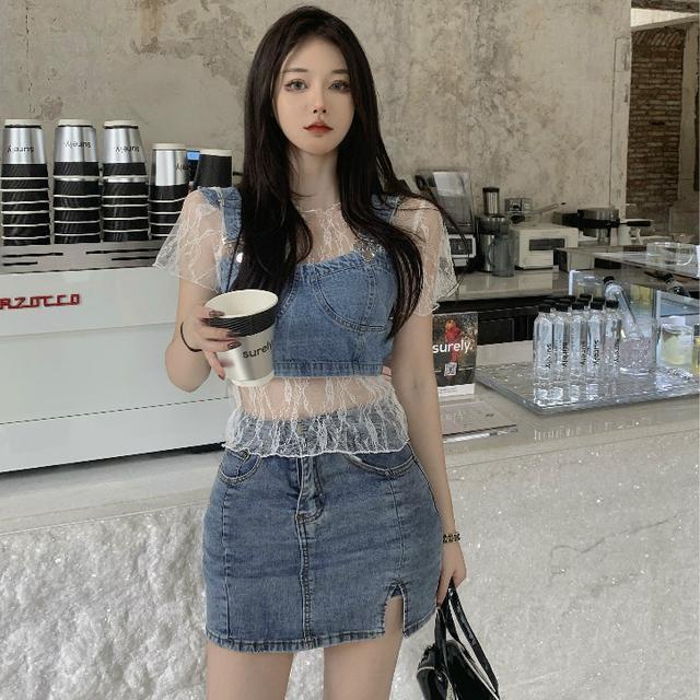 ' suit '- wear a short lace backed sleeveless top over a denim suspender vest