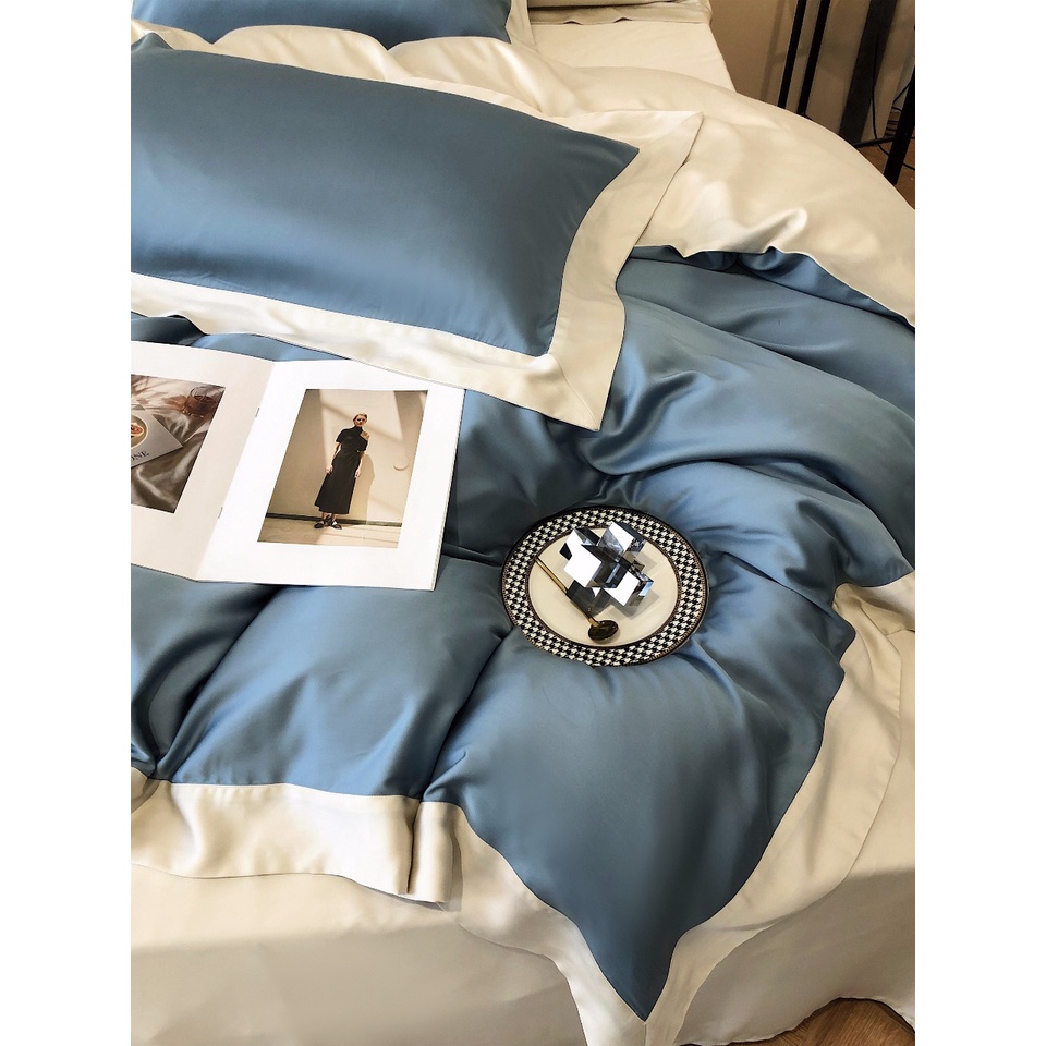 Bộ chăn ga gối trơn cao cấp 100%Tencel 120s phối 2 màu chăn viền siêu xịn mịn, mát lạnh 6 màu tùy chọn