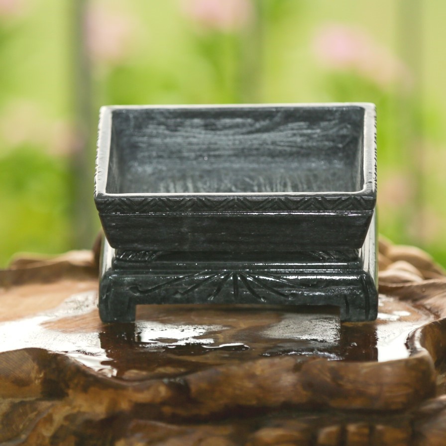 Chậu đá đen đục chạm tay nguyên khối chữ nhật chân đôn dời trồng bonsai mini, KT: 12.5x8.5x6.5