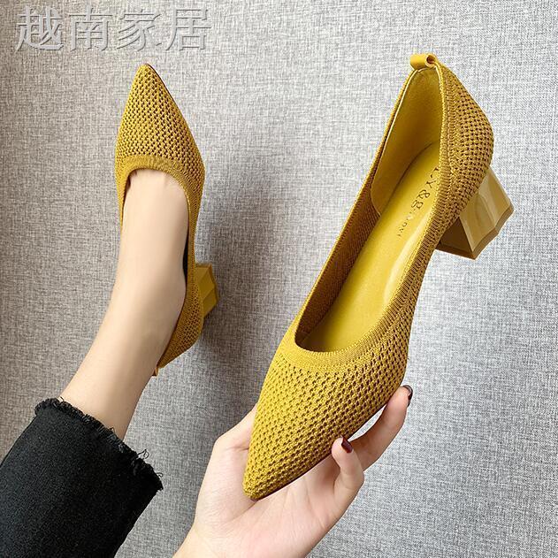Giày búp bê dệt kim mũi nhọn đế dày mềm phối lưới thoáng khí phong cách Pháp thời trang hè cho nữ 2021
