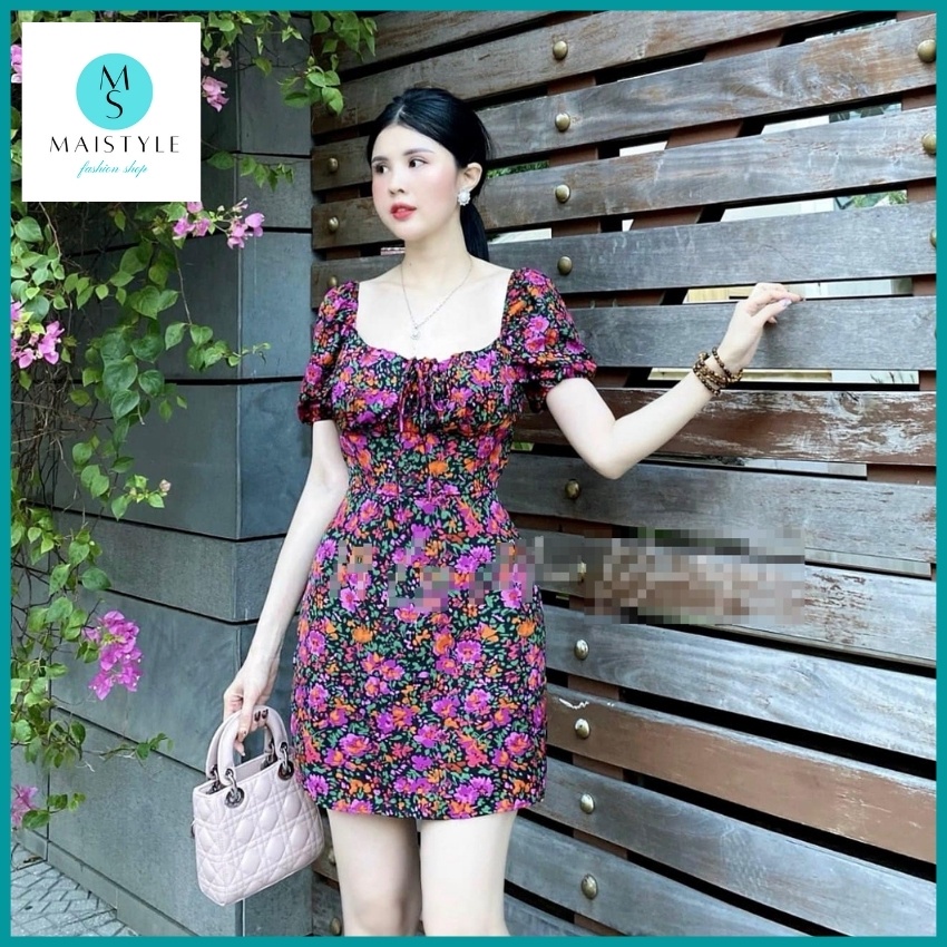 Váy hoa nhí MAISTYLE đầm body hoa nhí tay phồng cổ vuông trễ vai thiết kế đẹp dáng ngắn MY1113 | BigBuy360 - bigbuy360.vn