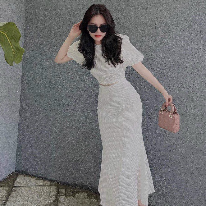 Set áo croptop tay phồng kèm chân váy đuôi cá dễ thương sang chảnh đi chơi dự tiệc xinh xắn