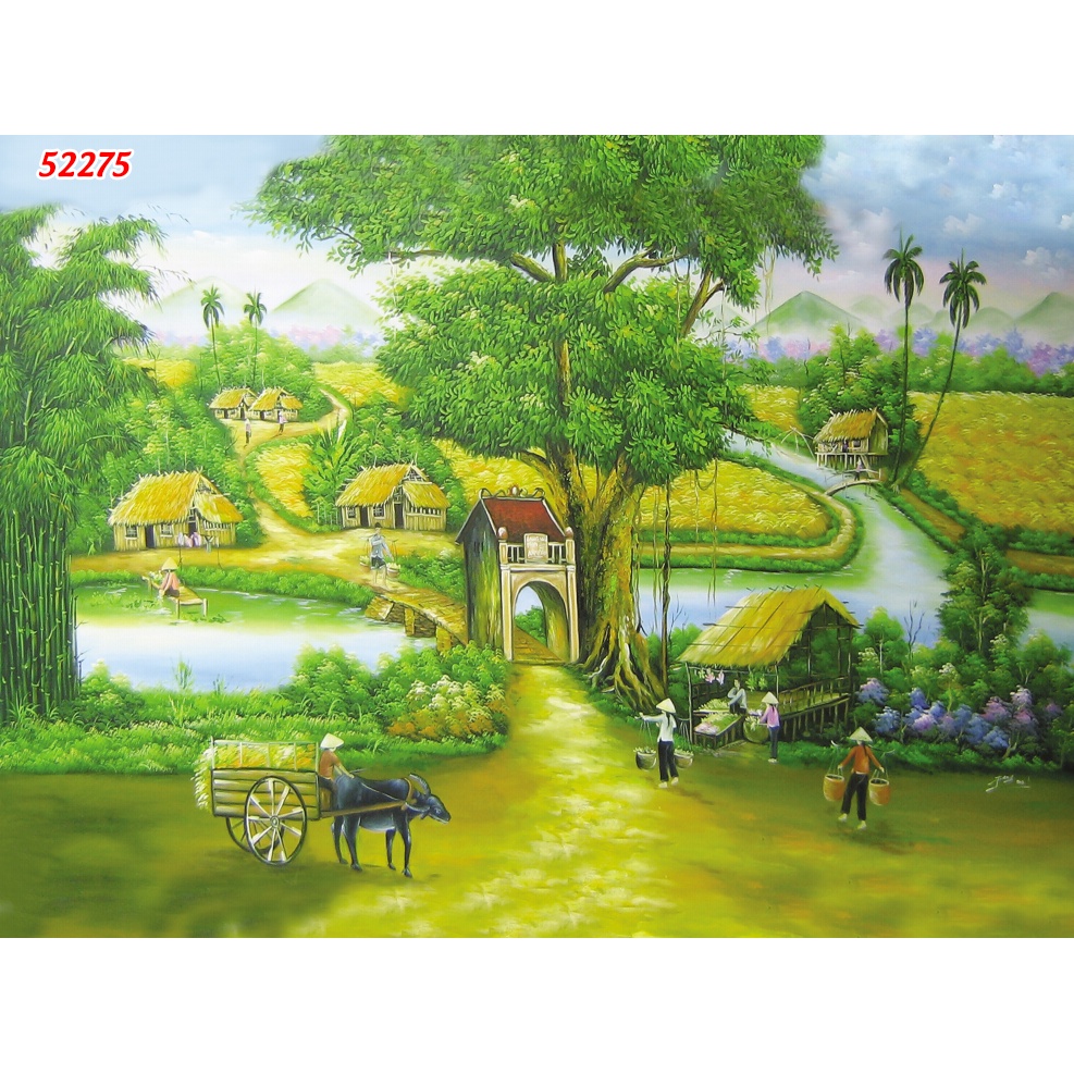 Tranh Làng Quê Việt Nam Thời Xa Xưa đầm sen, cây lá vàng, đồng lúa xanh chất liệu xé không rách, lau chùi thoải mái