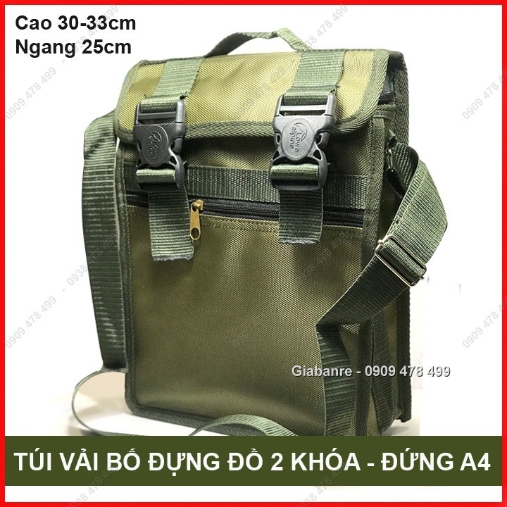 TÚI VẢI BỐ XANH LÍNH DẠNG ĐỨNG A4 2 NGĂN 2 KHOÁ - CAO 31CM - 3252A