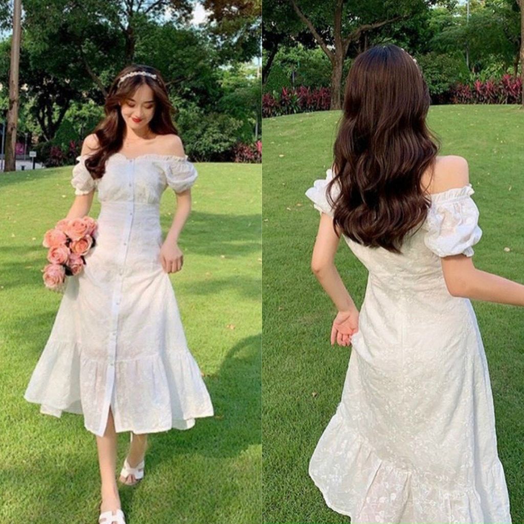 Váy trắng midi trễ vai dài khoe dáng đuôi cá siêu xinh-Hàng chất lượng cao XUKA DRESS DT011