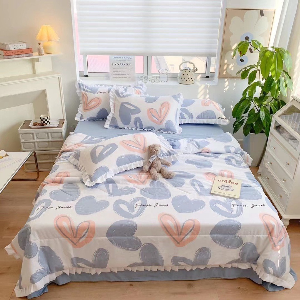 Bộ Chăn Ga Gối Đũi Bèo Ngắn - Cotton Đũi Mềm , Mịn Hoạ Tiết Hoa Lá Hàng Nhập Khẩu Full Set 4 Món