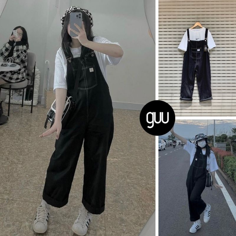 Quần yếm kaki GUU màu đen chỉ nổi dáng suông thiết kế túi trước ngực phong cách Hàn Quốc trẻ trung, năng động