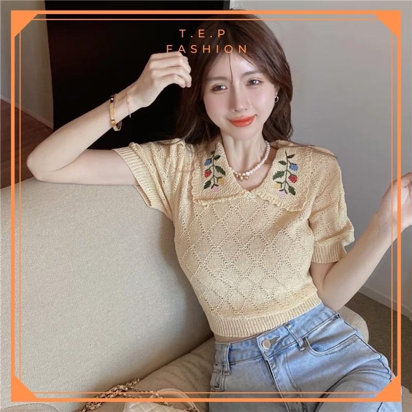 Áo Len Cổ Bẻ Thêu Hoa Dệt Kim Thoáng Khí, Mặc Đi Chơi, Đi Làm Tep AL001