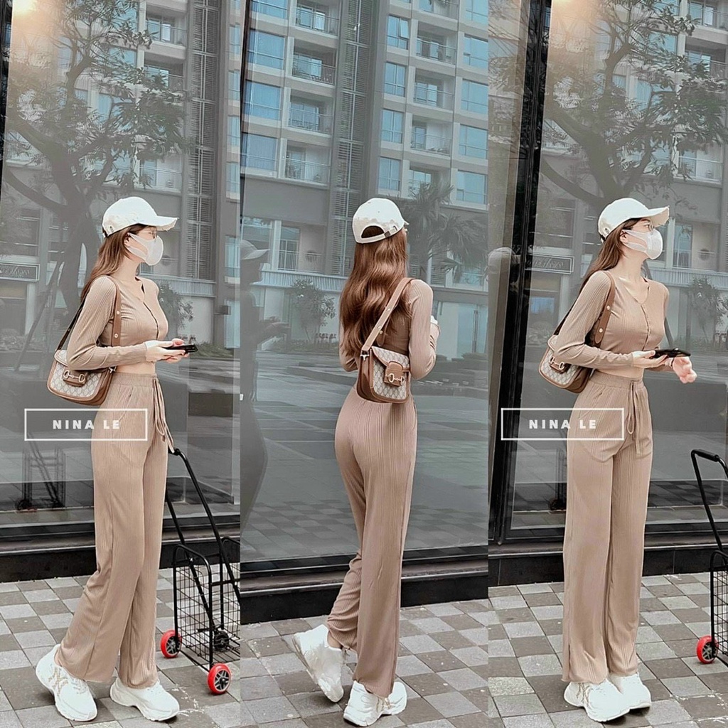 Set Bộ Áo Thun Gân Quần Ống Rộng Thời Trang Du Lịch Dạo Phố