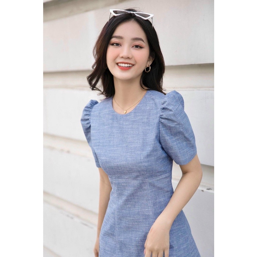 Đầm Xòe Công Sở Akara DT279 Dáng A Cổ Tròn Tay Phồng Màu Xanh Phù Hợp Dự Tiệc Dạo Phố | BigBuy360 - bigbuy360.vn