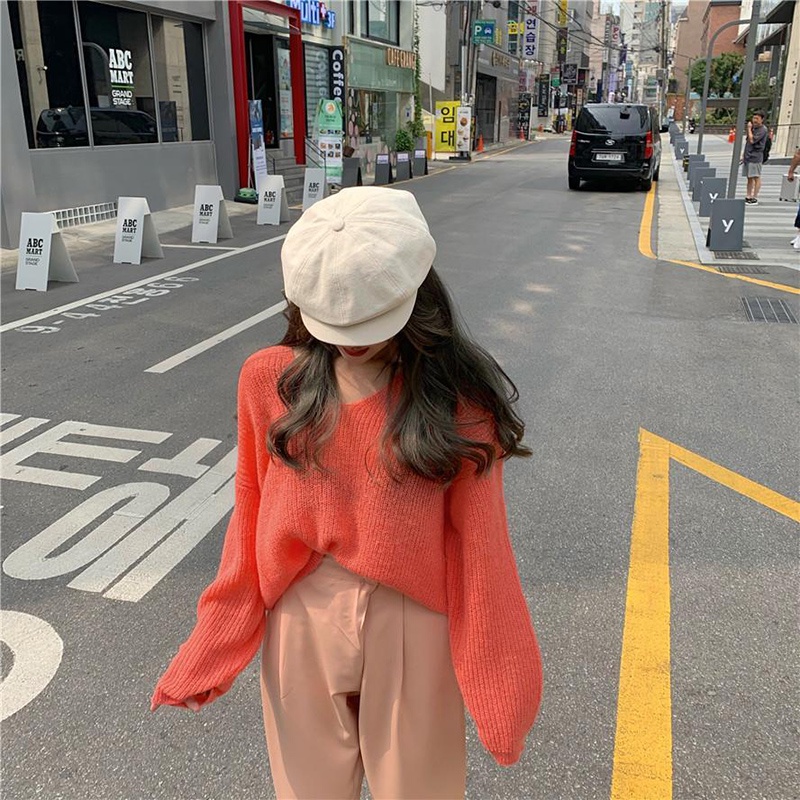 Áo sweater IELGY dệt kim cổ chữ V tay dài dáng rộng hở vai thời trang