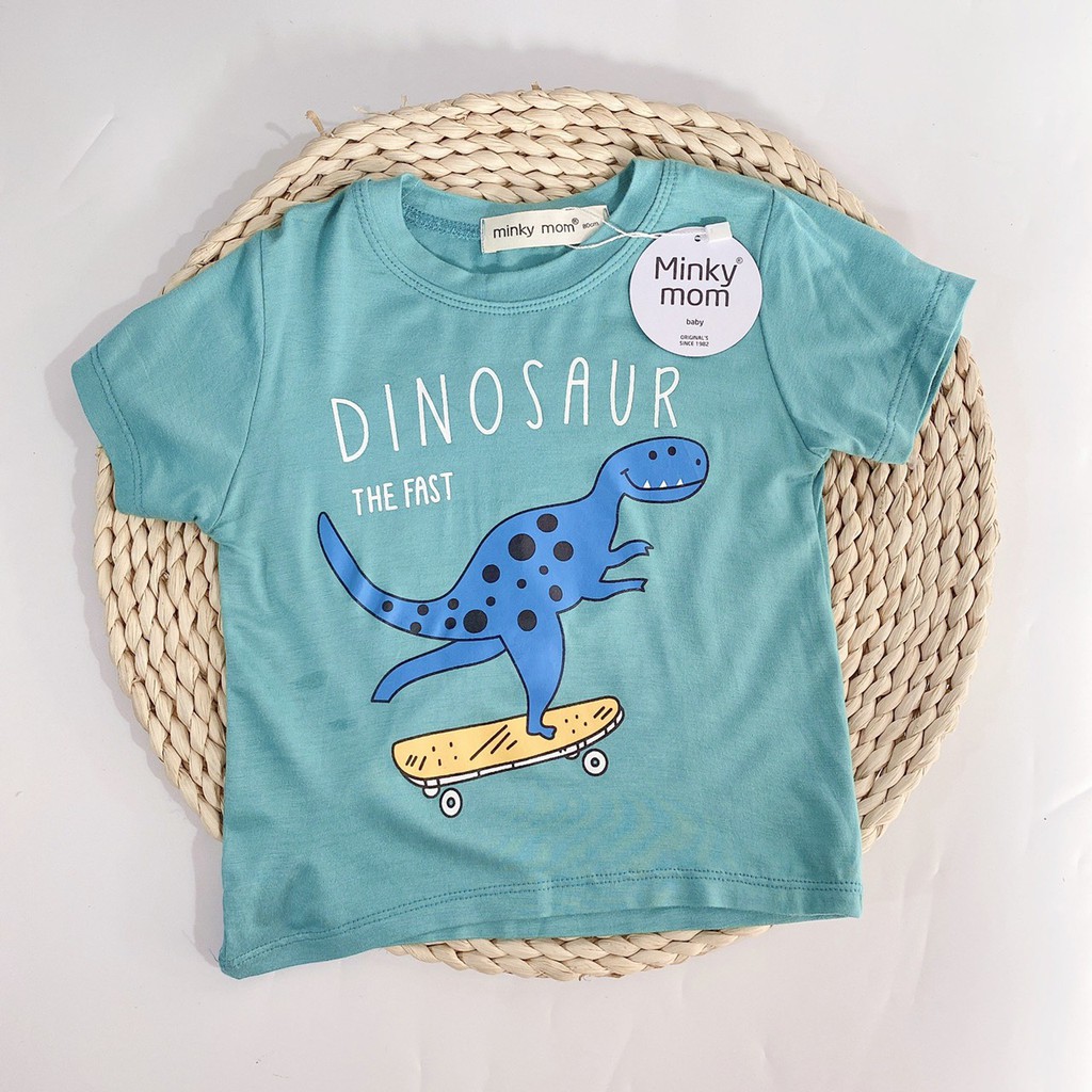 Áo Phông Cộc Tay thun lạnh MinkyMom in hình khủng long sắc màu Cho Bé 7-20kg