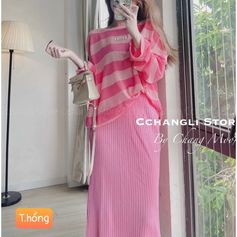 Set Áo Hở Vai Phối Chân Váy Len Dáng Dài, Set Đồ Mùa Thu Phong Cách Hàn Quốc