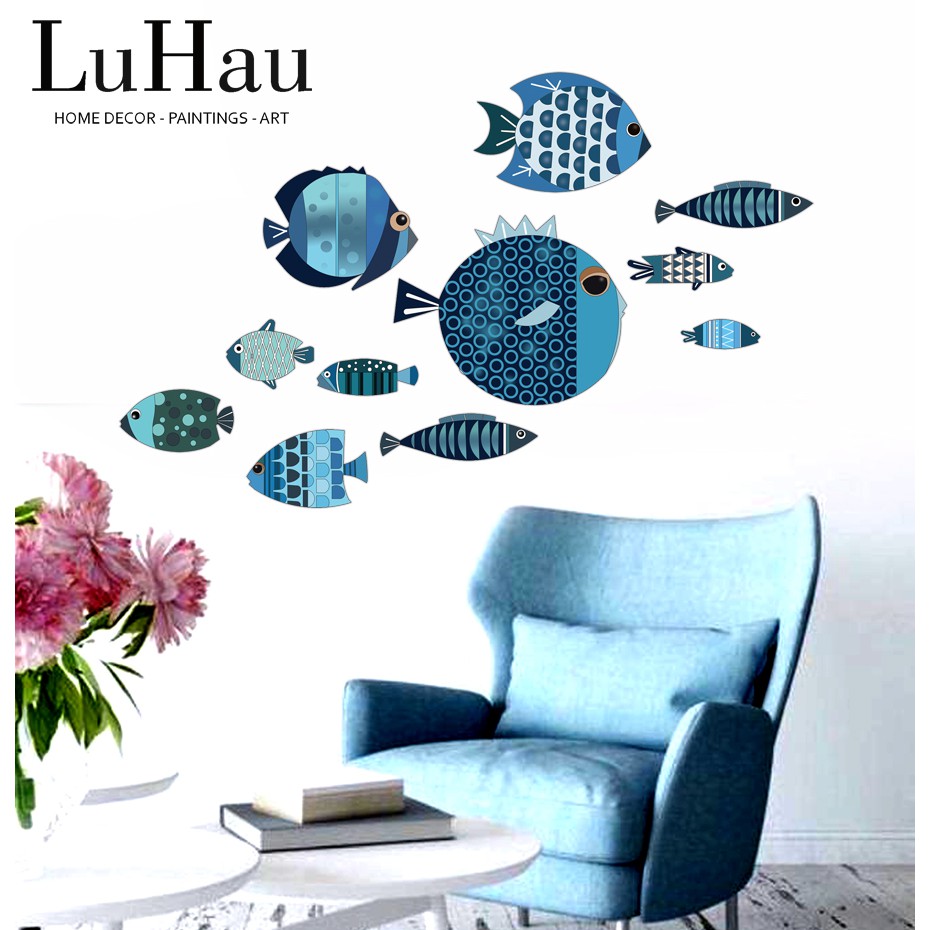Tranh cá decor dán tường The Little Blue Fishes (Những chú cá xanh bé xinh) hiện đại trang trí phòng khách, phòng ngủ