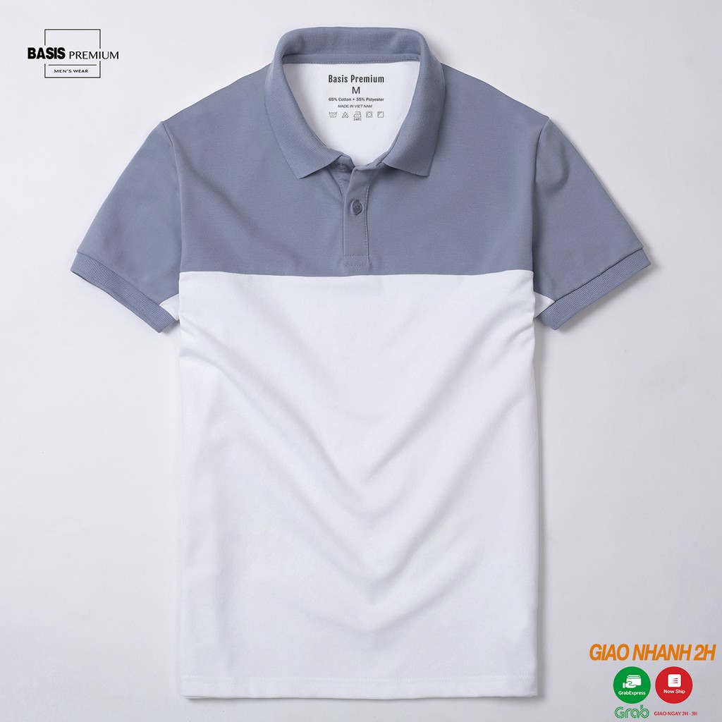 Áo thun polo nam phối màu xanh trắng, thiết kế đơn giản Basis APL59