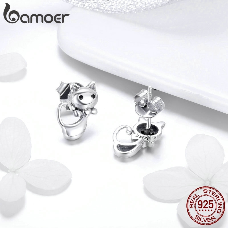 Bông Tai Bamoer Dạng Xỏ Lỗ Bằng Bạc Sterling 925 Hình Con Mèo Độc Đáo Cho Nữ