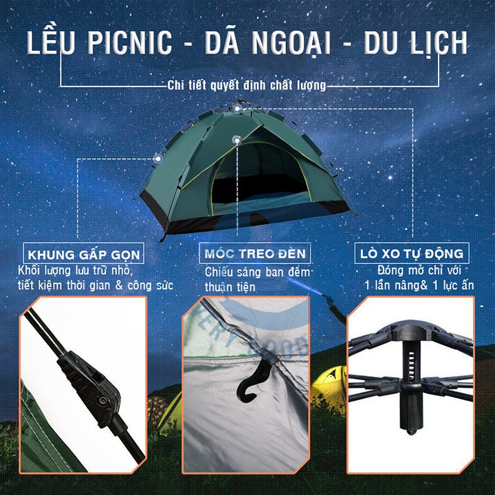 Lều cắm trại picnic dã ngoại du lịch đi phượt tự bung cỡ lớn size đủ cho 3-4 người (200*200*145cm)