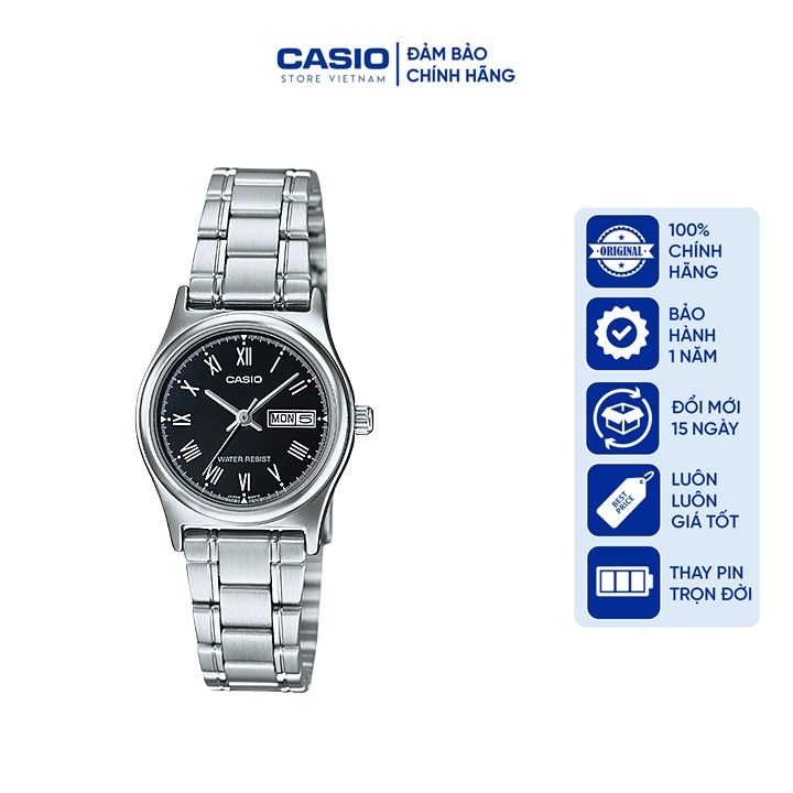 Đồng hồ Nữ Casio LTP-V006D-1B, đồng hồ chính hãng, dây bạc mặt đen