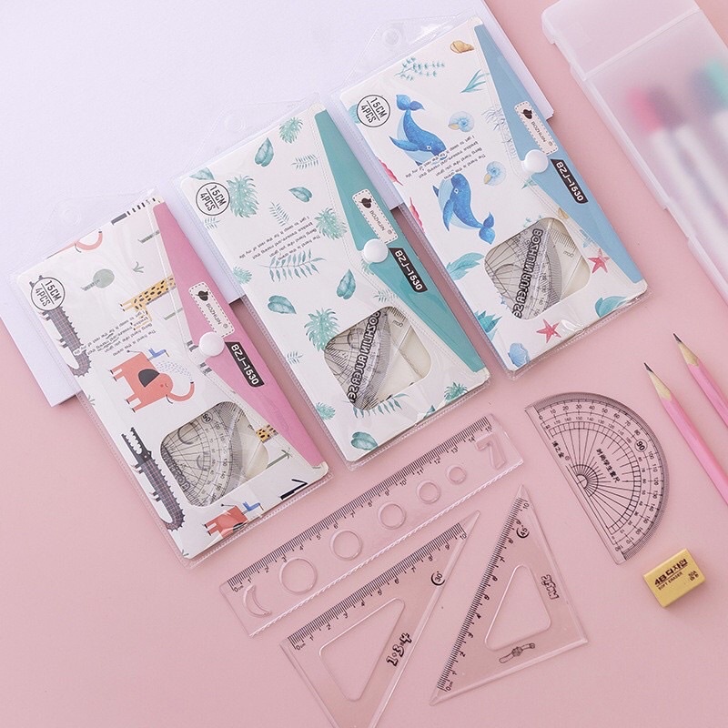 Bộ êke. thước kẻ đựng túi zip dễ thương