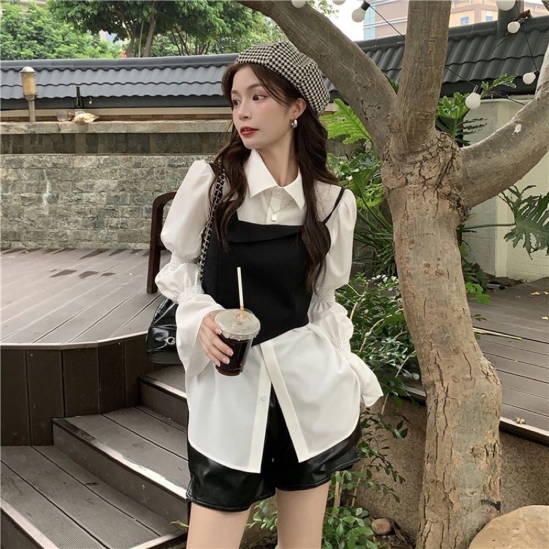 SET ÁO SƠMI TRẮNG TAY BỒNG TIỂU THƯ KÈM ĐAI ĐEN KHOÁ KÉO HAI DÂY SIÊU HOT✨-new item for this SPRING🌸
