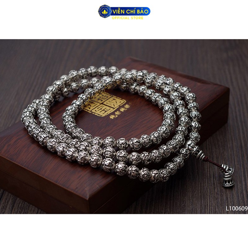 Chuỗi tràng hạt 108 hạt Lục Tự Đại Minh Chân Ngôn chất liệu bạc Thái S925 thương hiệu Viễn Chí Bảo L100609
