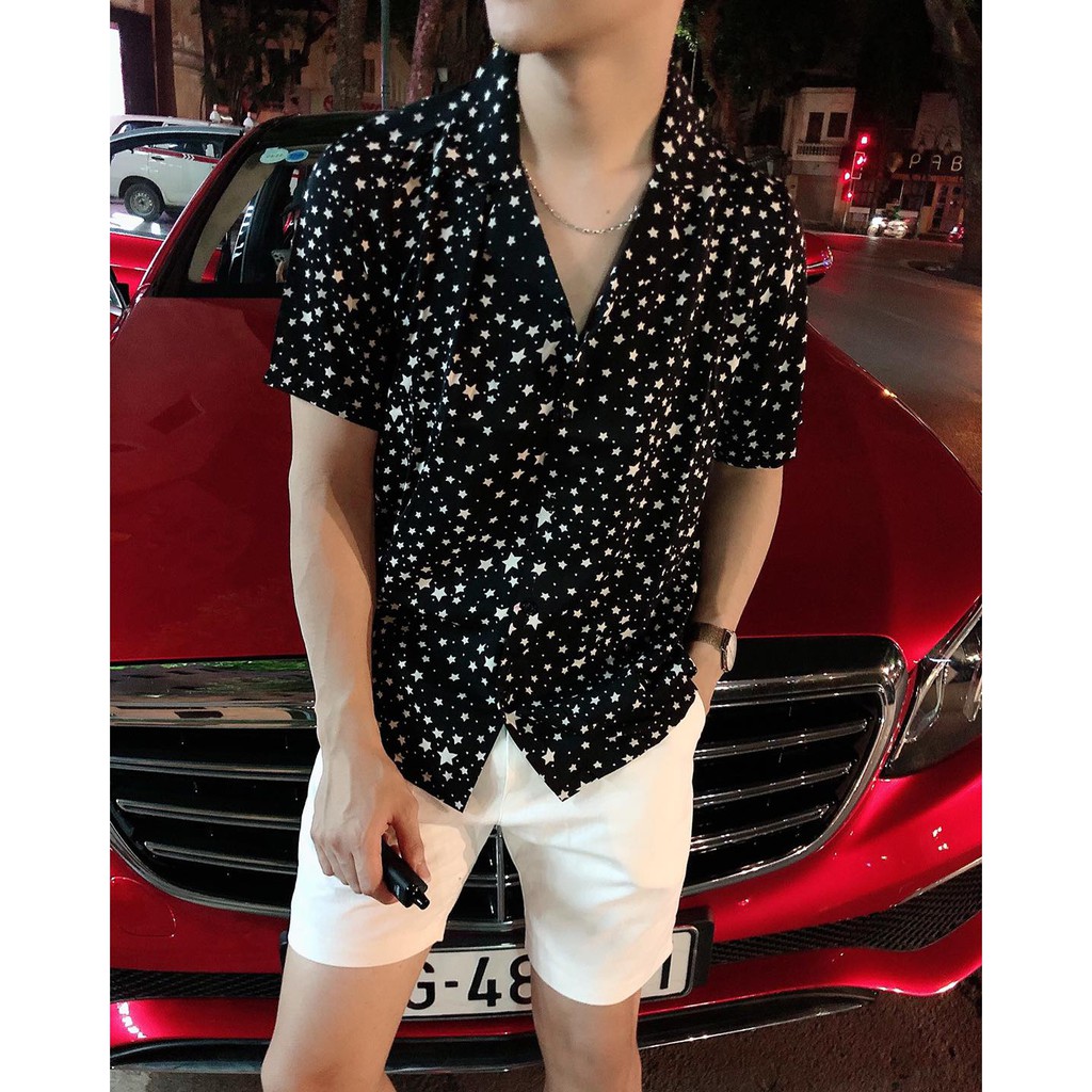 Áo sơ mi nam đen họa tiết sao nhỏ, vải lụa thoáng mát, thấm hút, không nhăn, không xù, from rộng | BigBuy360 - bigbuy360.vn