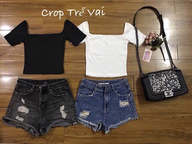 [Mã FASHIONT4WA2 giảm 10K đơn 50K] Áo Croptop Trễ Vai Tay Ngắn - Chất Thun Gân | BigBuy360 - bigbuy360.vn