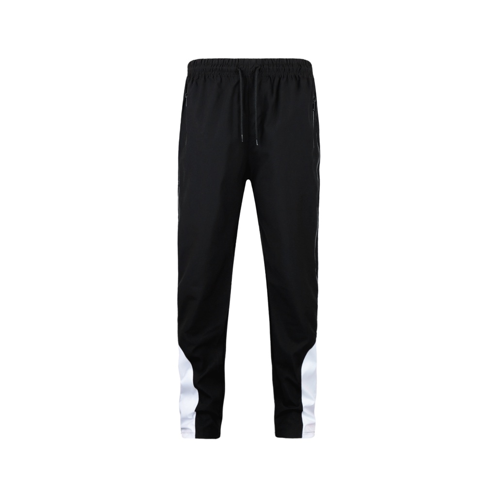 Quần Thun Có Zipper Khóa Sọc Trắng Chất Liệu Vải Dù Ống Rộng Form Unisex Màu Đen