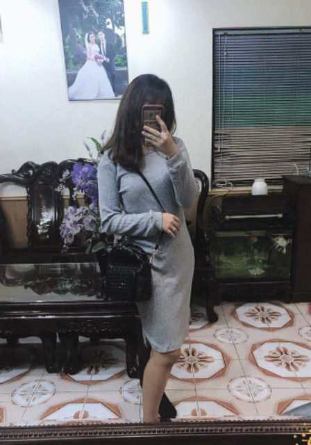 Đầm thun gân tay dài