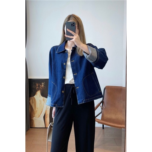 Áo Khoác denim Màu Xanh Đậm Dáng Rộng Phong Cách retro Hong Kong Cho Nữ Có size Lớn