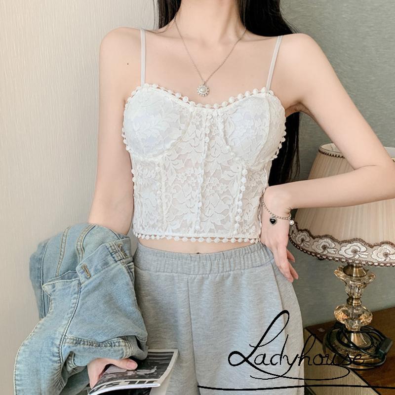 Áo Hai Dây Họa Tiết Hoa Màu Trơn Phối Ren Có Đệm Ngực Tháo Rời Màu Đen/Trắng Thời Trang Mùa Hè Cho Nữ
