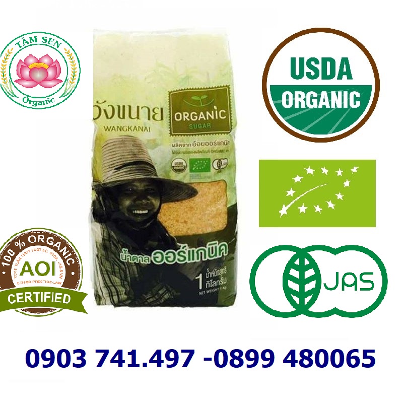 (Date 2023 Mẫu Mới)-ĐƯỜNG MÍA HỮU CƠ - WANGKANAI ORGANIC– Gói 1Kg-THAILAND -Tiêu chuẩn EU, USDA, JAS