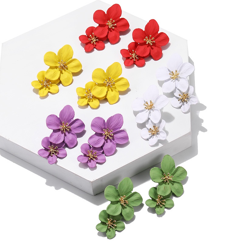 1 Đôi Bông Tai Hình Hoa Hai Lớp 5x3.1cm Màu Đỏ/Tím/Xanh Lá/Trắng/Vàng Tùy Chọn Ngọt Ngào Thời Trang