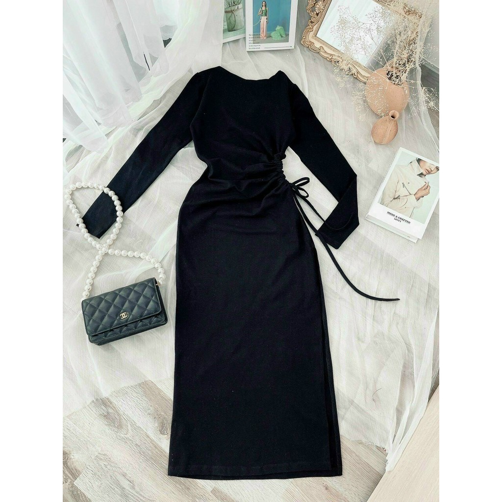 Váy body sexy, đầm maxi tay dài rút dây eo, váy ôm body xẻ tà màu đen cá tính - HN6