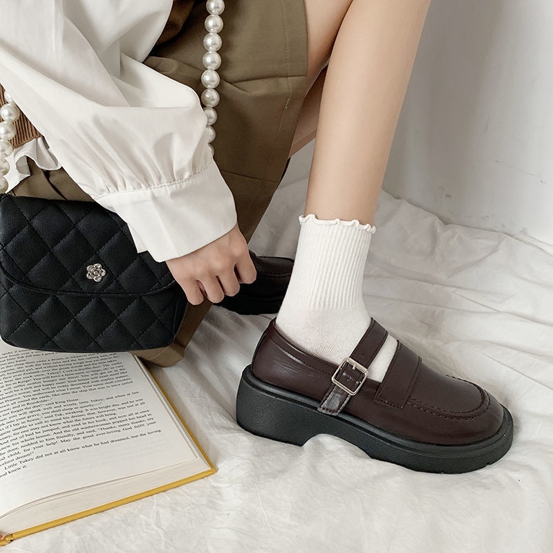 Giày da Mary Jane đế cao dáng ôm chân màu đen phong cách retro Anh Quốc cho nữ N03F