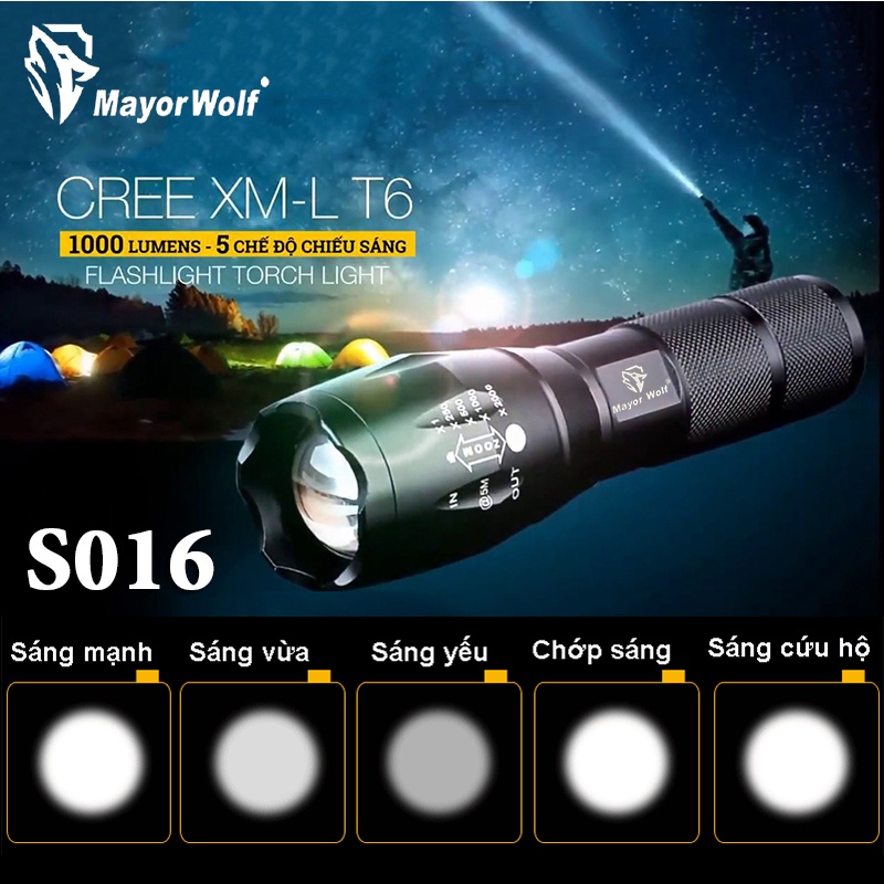 Đèn Pin siêu sáng S016 chuẩn MAYOR WOLF Led Cree XML T6 Hợp Kim Chống Nước Pin Sạc Lại Full box (Loại 1)