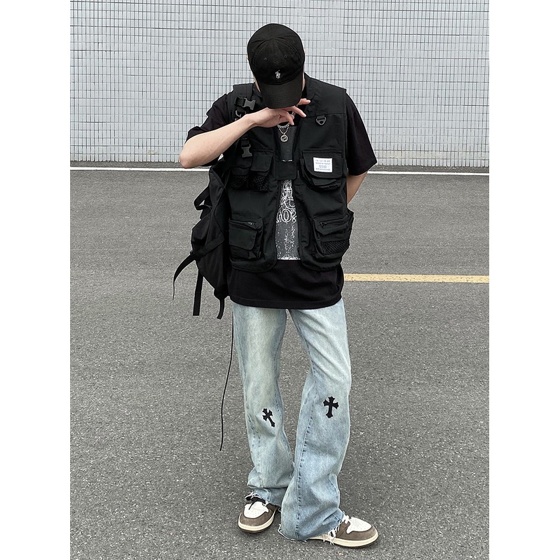 Quần Jeans nam ống rộng họa tiết thánh giá, Quần bò nam phong cách Streetwear