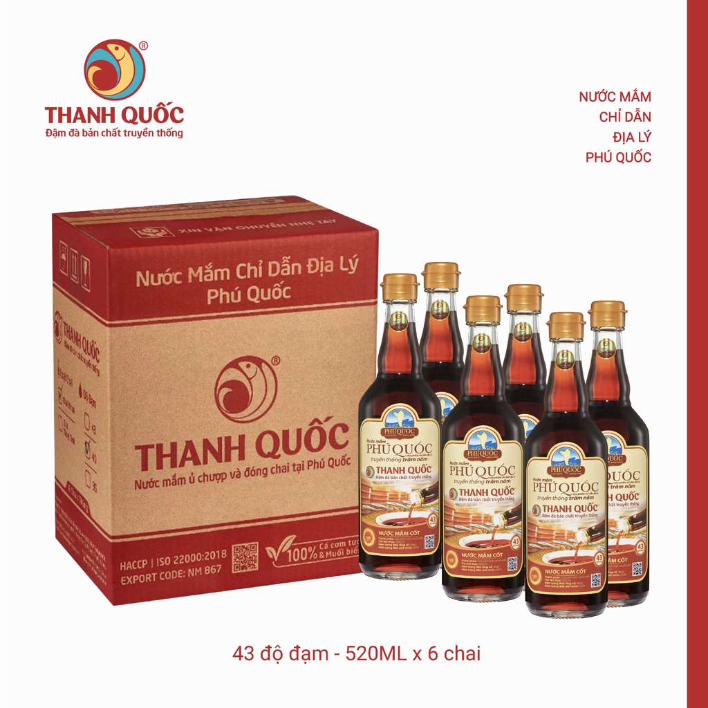 Nước mắm Thanh Quốc Phú Quốc 35/40/43 độ đạm thùng 6 chai 520ml thủy tinh