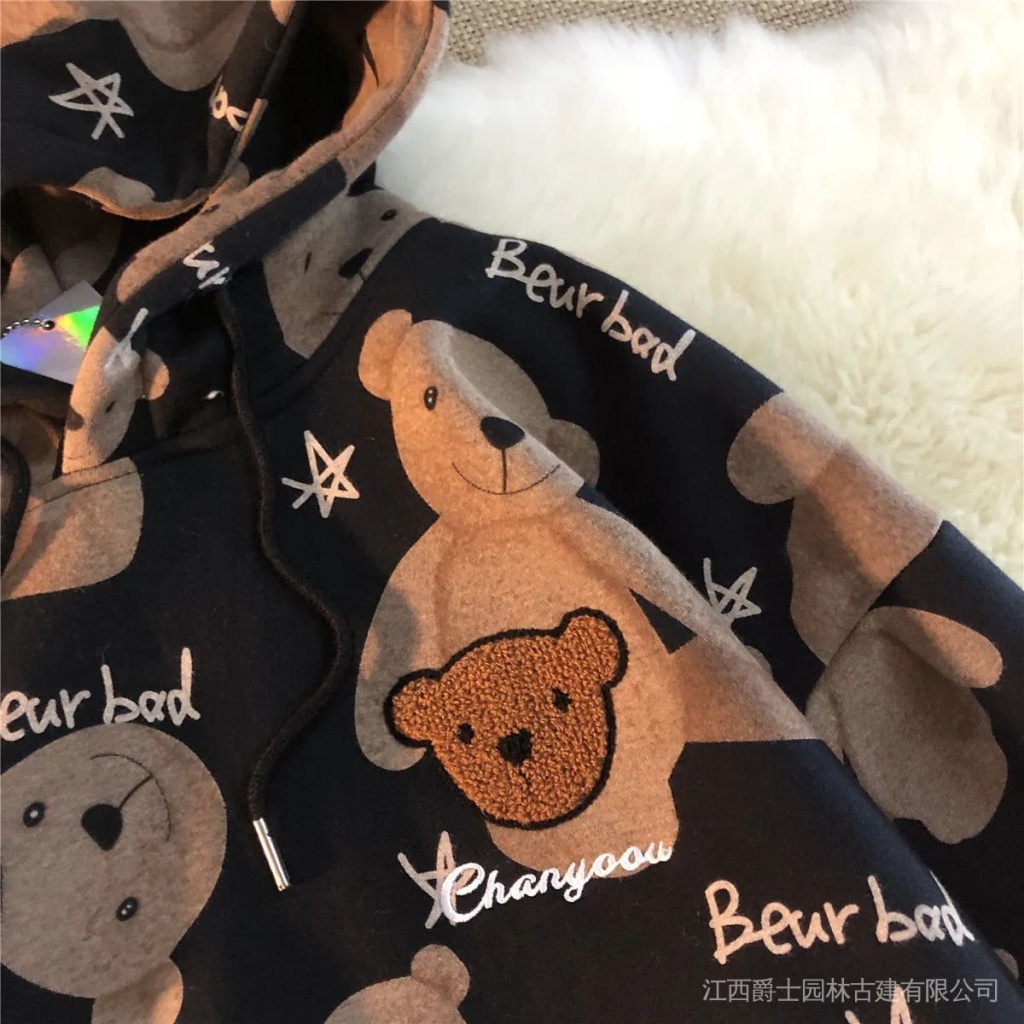 Áo khoác hoodie dáng rộng thêu hình gấu dễ thương | BigBuy360 - bigbuy360.vn