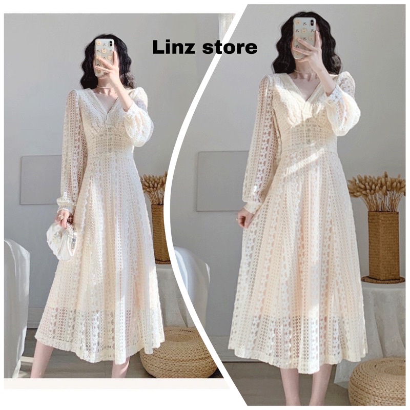 Váy ren xoè, đầm thiết kế cổ tim viền ren dài tay sang chảnh Linzstore