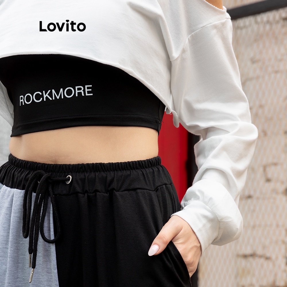 Áo sweatshirt Lovito in họa tiết chữ cái thiết kế hở vai phong cách thể thao L05637 (màu trắng) | BigBuy360 - bigbuy360.vn