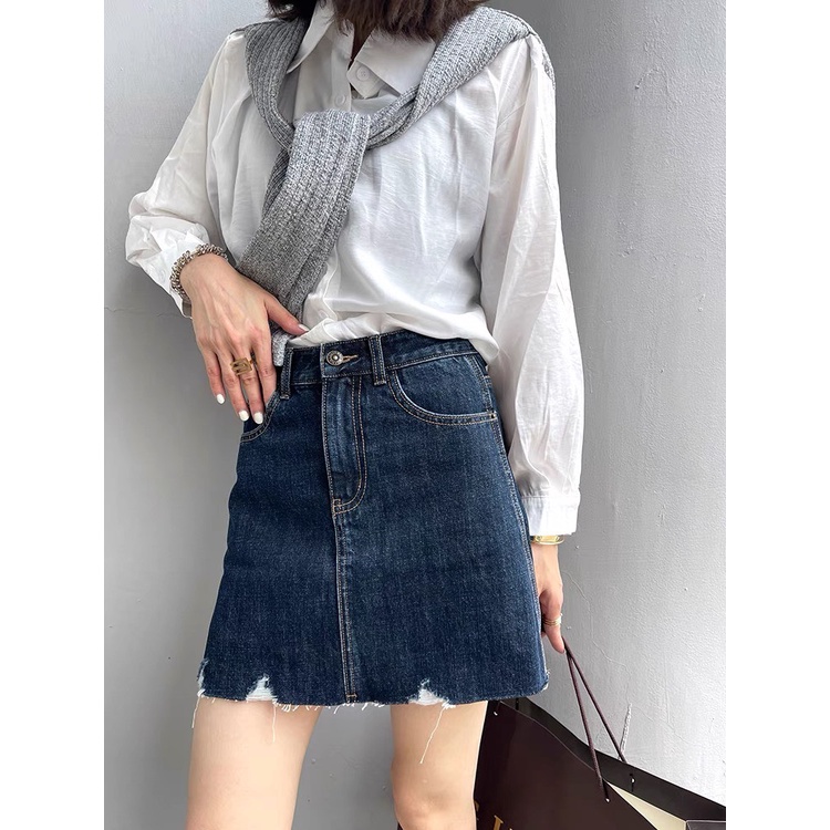 [60kg-90kg] Quần váy jeans BigSize co dãn mạnh phom chữ A, lưng cao trên rốn, có quần trong, màu xanh Đậm rách 4320 MLJ